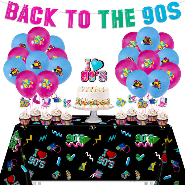 Fiupan 48Pcs 90S Party Supplies 1990s Retro Theme Decorations Back to The 90S Banner Latex Balloons Tablecloth I Love 90's Cake Toppers Throwback The 90's Hip Hop Birthday Photo Booth Props for Room