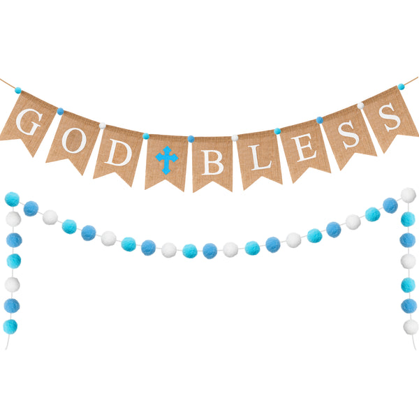 Fiupan 2Pcs God Bless Banner Baptism Decorations First Communion Bunting with Blue White Felt Balls Garland Baby Boy Shower Wedding Christening Birthday Party Supplies Photo Props for Home Fireplace