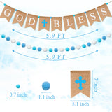 Fiupan 2Pcs God Bless Banner Baptism Decorations First Communion Bunting with Blue White Felt Balls Garland Baby Boy Shower Wedding Christening Birthday Party Supplies Photo Props for Home Fireplace