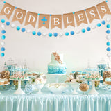 Fiupan 2Pcs God Bless Banner Baptism Decorations First Communion Bunting with Blue White Felt Balls Garland Baby Boy Shower Wedding Christening Birthday Party Supplies Photo Props for Home Fireplace