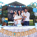 Fiupan 2Pcs God Bless Banner Baptism Decorations First Communion Bunting with Blue White Felt Balls Garland Baby Boy Shower Wedding Christening Birthday Party Supplies Photo Props for Home Fireplace